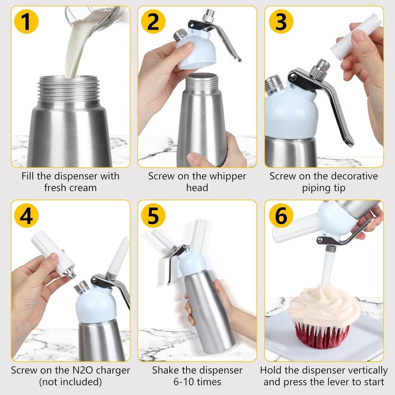 VIGIND Professional Whipped Cream Dispenser, 500ml Whipped Cream Canister,Sturdy Aluminum Whipped Cream Maker with 3 Decorating Nozzles,Use Standard 8g N2O Cream Chargers (Chargers Not Included) - Image 4