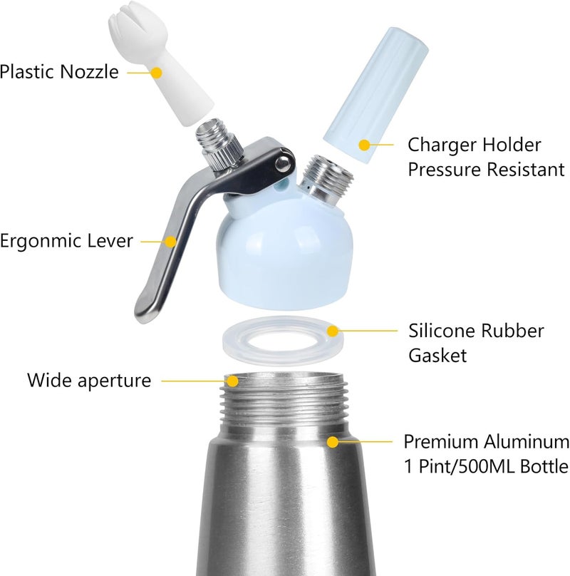 VIGIND Professional Whipped Cream Dispenser, 500ml Whipped Cream Canister,Sturdy Aluminum Whipped Cream Maker with 3 Decorating Nozzles,Use Standard 8g N2O Cream Chargers (Chargers Not Included) - Image 3