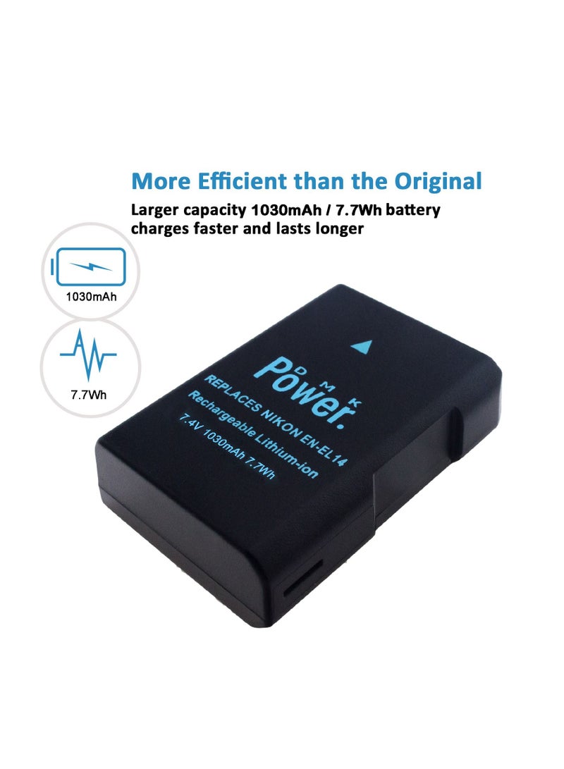 DMK Power بطارية DMK Power EN-EL14 1030mAh 7.7Wh مع شاحن البطارية TC-USB1 متوافق مع كاميرات نيكون D5600 D5500 D5200 D5300 D5100 D3400 D3300 D3200 D3100 Coolpix P7000 P7100 P7200 P7700 P7800 - Image 2