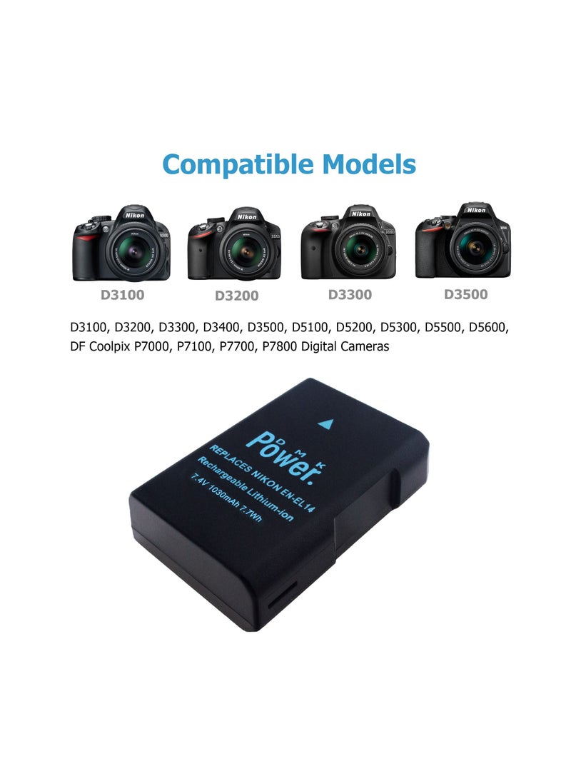 DMK Power بطارية DMK Power EN-EL14 1030mAh 7.7Wh مع شاحن البطارية TC-USB1 متوافق مع كاميرات نيكون D5600 D5500 D5200 D5300 D5100 D3400 D3300 D3200 D3100 Coolpix P7000 P7100 P7200 P7700 P7800 - Image 4