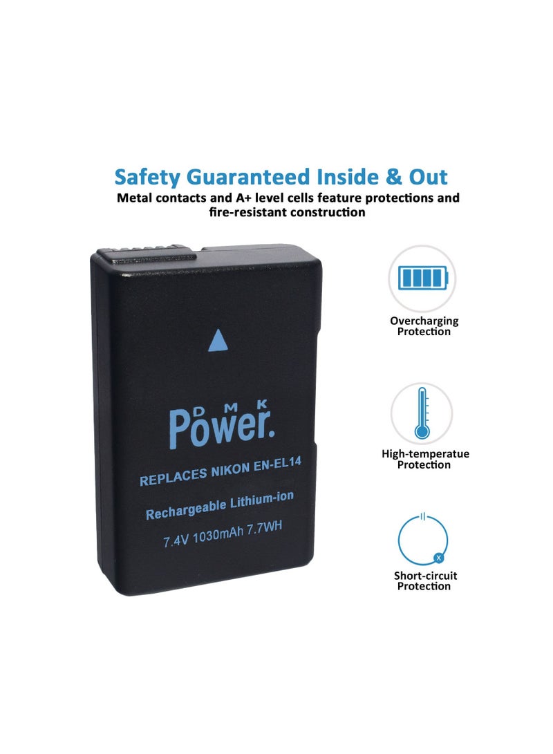 DMK Power بطارية DMK Power EN-EL14 1030mAh 7.7Wh مع شاحن البطارية TC-USB1 متوافق مع كاميرات نيكون D5600 D5500 D5200 D5300 D5100 D3400 D3300 D3200 D3100 Coolpix P7000 P7100 P7200 P7700 P7800 - Image 3