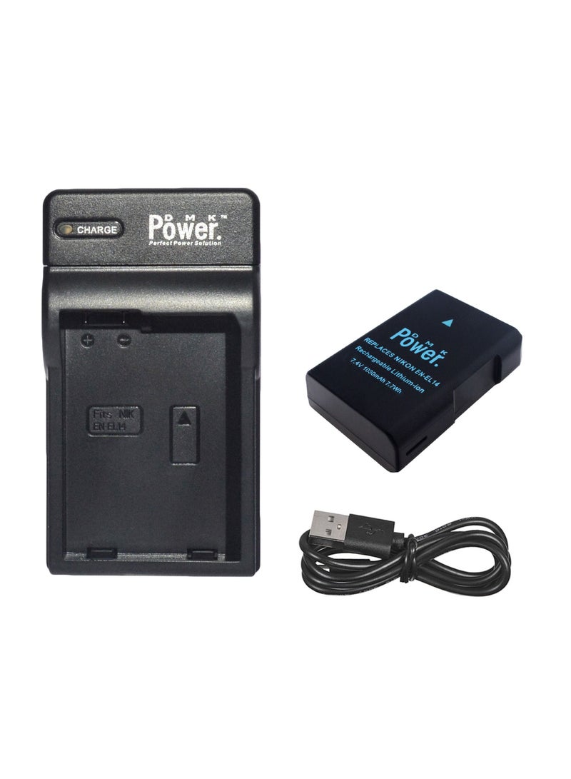 DMK Power بطارية DMK Power EN-EL14 1030mAh 7.7Wh مع شاحن البطارية TC-USB1 متوافق مع كاميرات نيكون D5600 D5500 D5200 D5300 D5100 D3400 D3300 D3200 D3100 Coolpix P7000 P7100 P7200 P7700 P7800 - Image 1