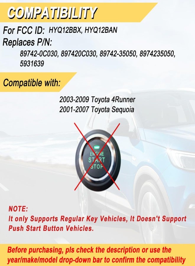 Vurkcy مفتاح بديل من Vurkcy لسيارات تويوتا 4Runner موديلات 2003-2009 وسيكويا موديلات 2001-2007، جهاز تحكم عن بعد للدخول بدون مفتاح، HYQ12BBX HYQ12BAN، 4 أزرار، قطعتان - Image 2