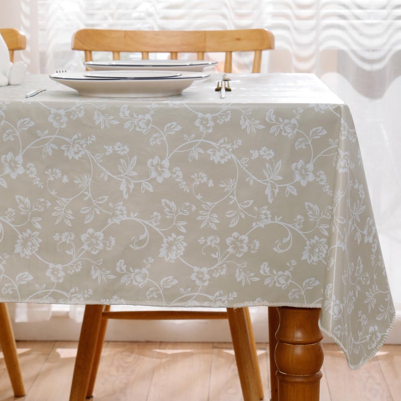 Walrus Heavy Duty Vinyl Tablecloth with Flannel Backing Waterproof Oil-Proof Plastic Table Cloth Stain-Resistant Wipeable Rectangle or Square Table Cover for Indoor and Outdoor (Beige Floral,54x54 Inch) - Image 2