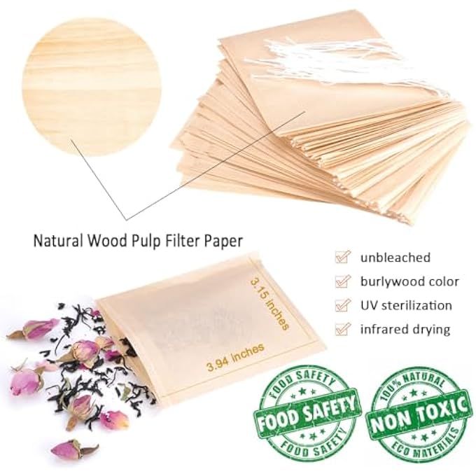 ريحني 200 كيس فلتر شاي للشاي السائب، أكياس شاي سائبة للاستخدام مرة واحدة، آمنة، مصنوعة من ورق طبيعي غير مبيض، مصنوعة من لب الخشب الطبيعي، مقاس 236 × 315 بوصة، لون طبيعي 200 - Image 2