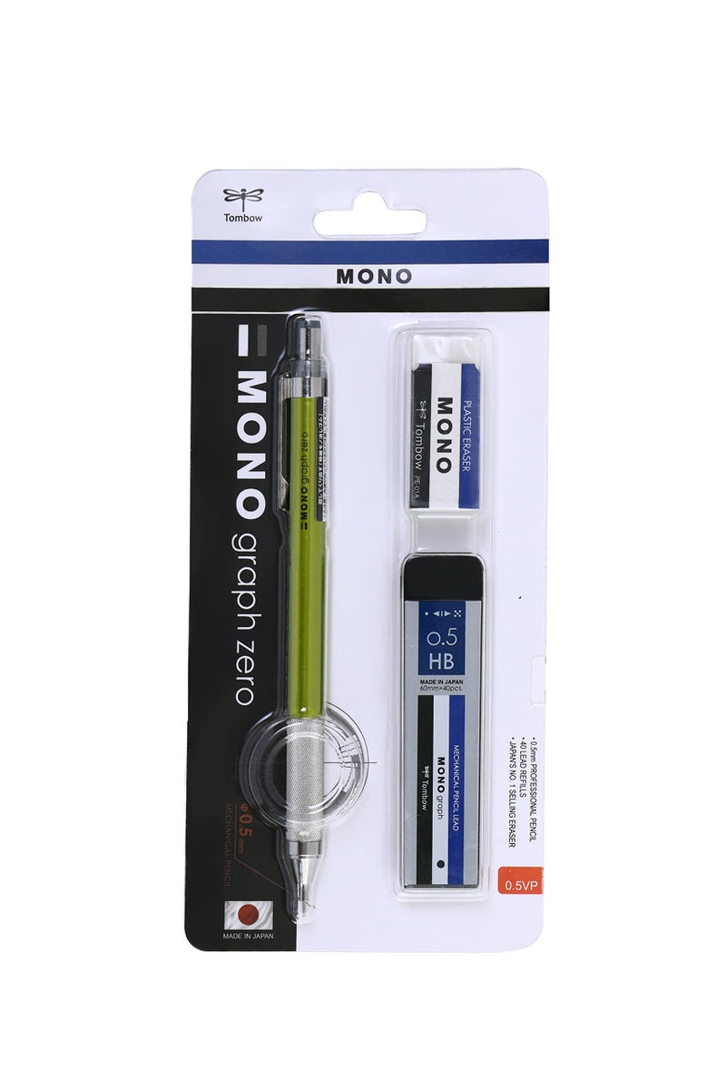 Tombow Mono Graph Zero Mechanical Pencil 0.5 mm, With Lead & Eraser- Value Pack, Lime - Image 1