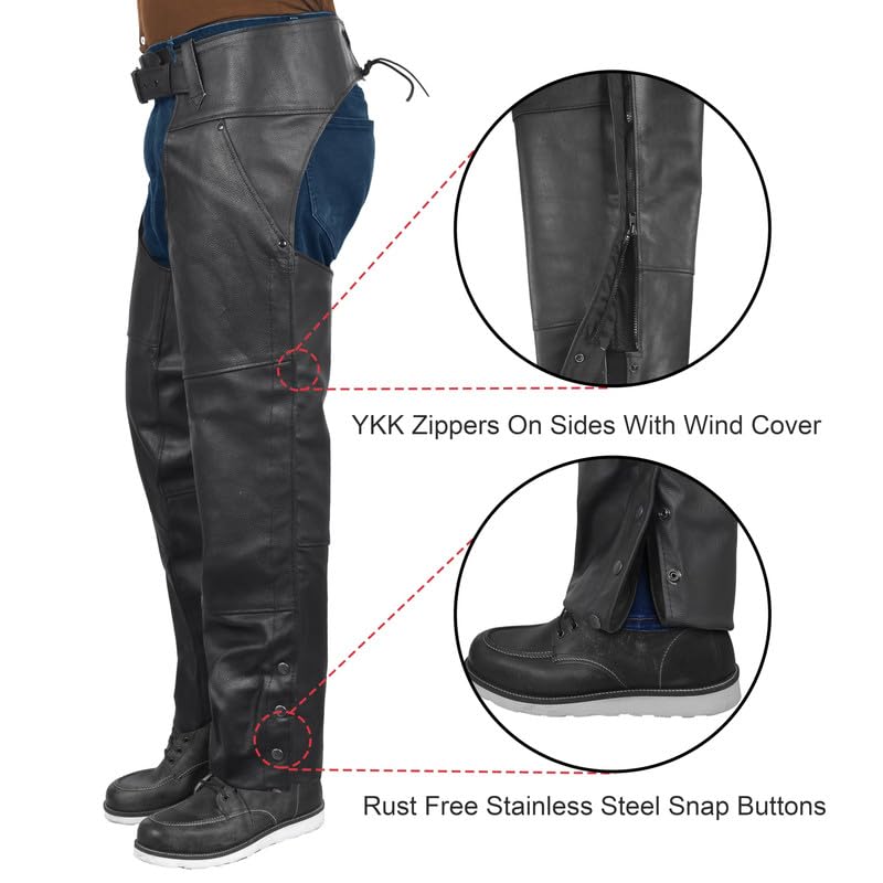BYKR Leather Motorcycle Chaps for Men & Women Overpants Cowboy Riding Biker Vintage Chap Pants Adjustable Waist & Length (Black, 36 Inch) - Image 3