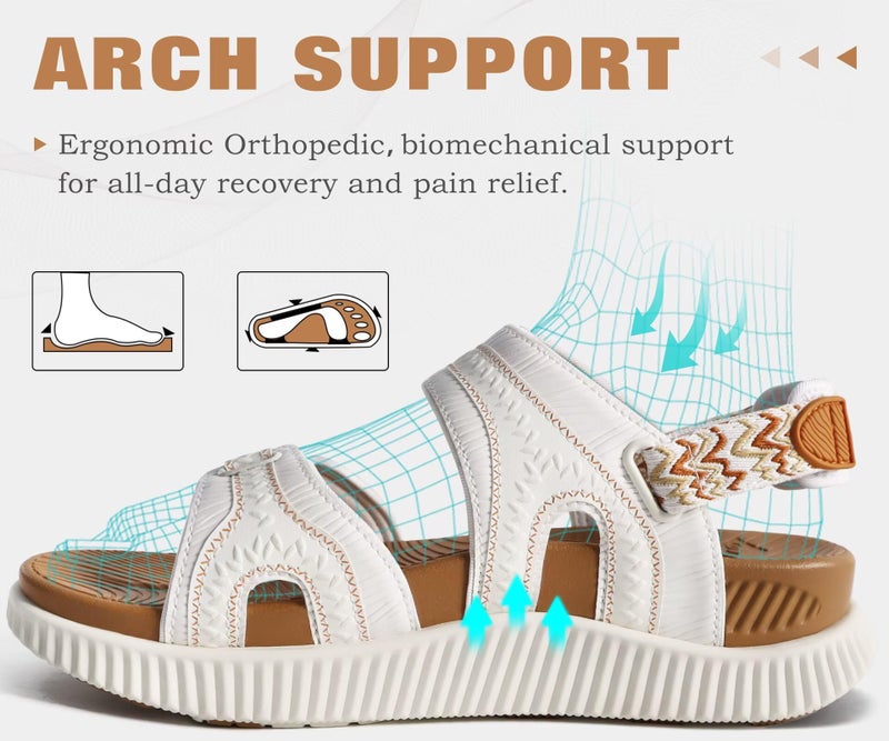 KuaiLu Womens Comfort Walking Sandals Plantar Fasciitis Arch Support Orthopedic Sport Recovery Thick Athletic Cushioned Outdoor Sandles Travel Vacation Camping Adjustable Strap Casual White Khaki 8 - Image 3