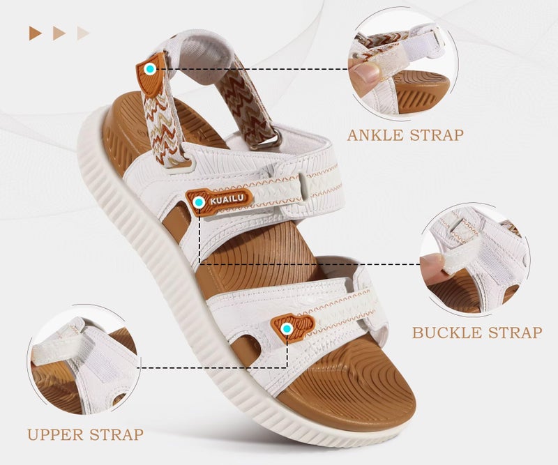 KuaiLu Womens Comfort Walking Sandals Plantar Fasciitis Arch Support Orthopedic Sport Recovery Thick Athletic Cushioned Outdoor Sandles Travel Vacation Camping Adjustable Strap Casual White Khaki 8 - Image 4