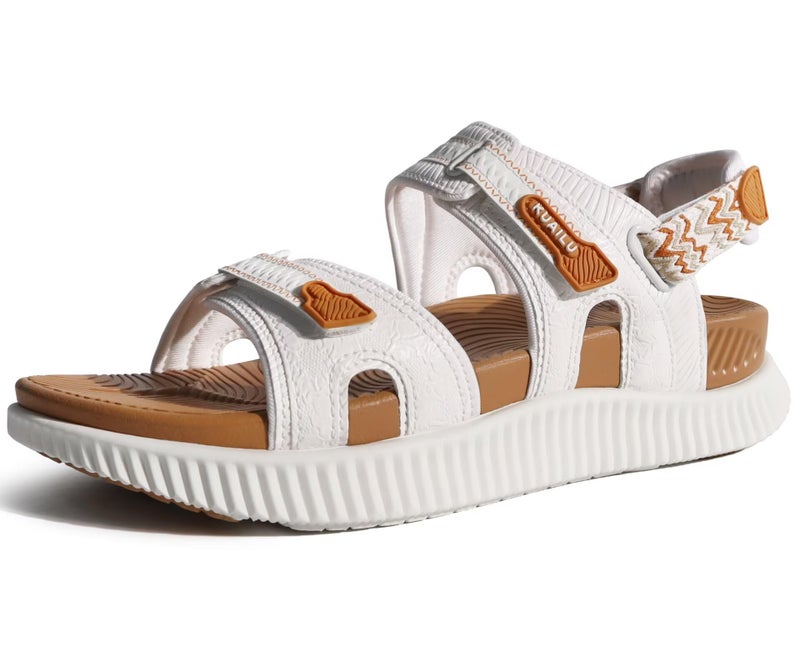 KuaiLu Womens Comfort Walking Sandals Plantar Fasciitis Arch Support Orthopedic Sport Recovery Thick Athletic Cushioned Outdoor Sandles Travel Vacation Camping Adjustable Strap Casual White Khaki 8 - Image 1
