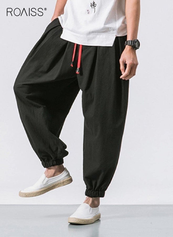 roaiss Men's Baggy Hippie Boho Yoga Harem Pants Cotton Linen Loose Stretchy Waist Casual Pockets Ankle Length Pants, Cropped Sweatpants for Men Black - Image 3
