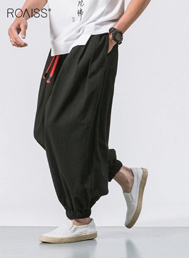 roaiss Men's Baggy Hippie Boho Yoga Harem Pants Cotton Linen Loose Stretchy Waist Casual Pockets Ankle Length Pants, Cropped Sweatpants for Men Black - Image 4