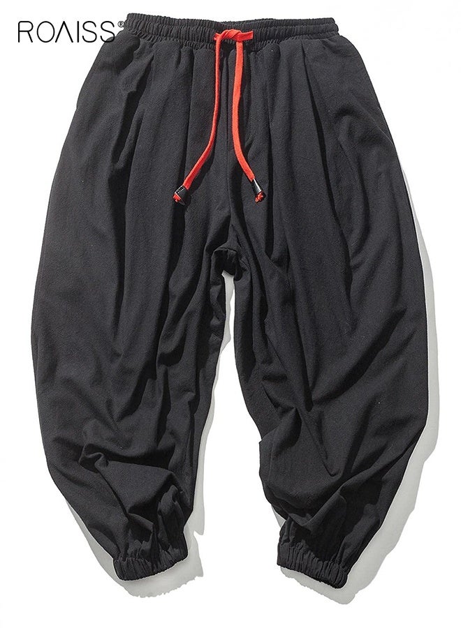 roaiss Men's Baggy Hippie Boho Yoga Harem Pants Cotton Linen Loose Stretchy Waist Casual Pockets Ankle Length Pants, Cropped Sweatpants for Men Black - Image 5