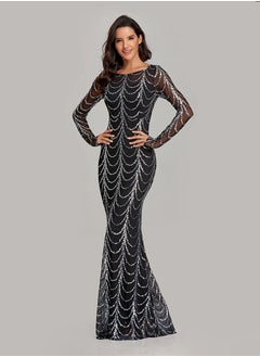 KUYING New Slim Fit Fishtail Skirt Sequin Long Sleeved Round Neck Evening Dress  - Image 1