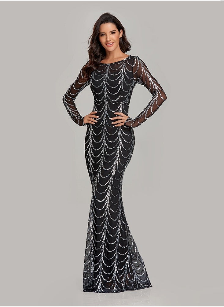 KUYING New Slim Fit Fishtail Skirt Sequin Long Sleeved Round Neck Evening Dress  - Image 1