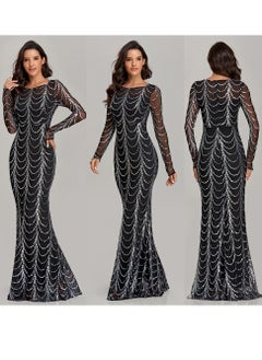 KUYING New Slim Fit Fishtail Skirt Sequin Long Sleeved Round Neck Evening Dress  - Image 2