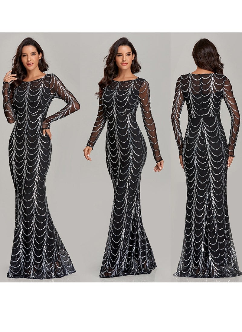 KUYING New Slim Fit Fishtail Skirt Sequin Long Sleeved Round Neck Evening Dress  - Image 2