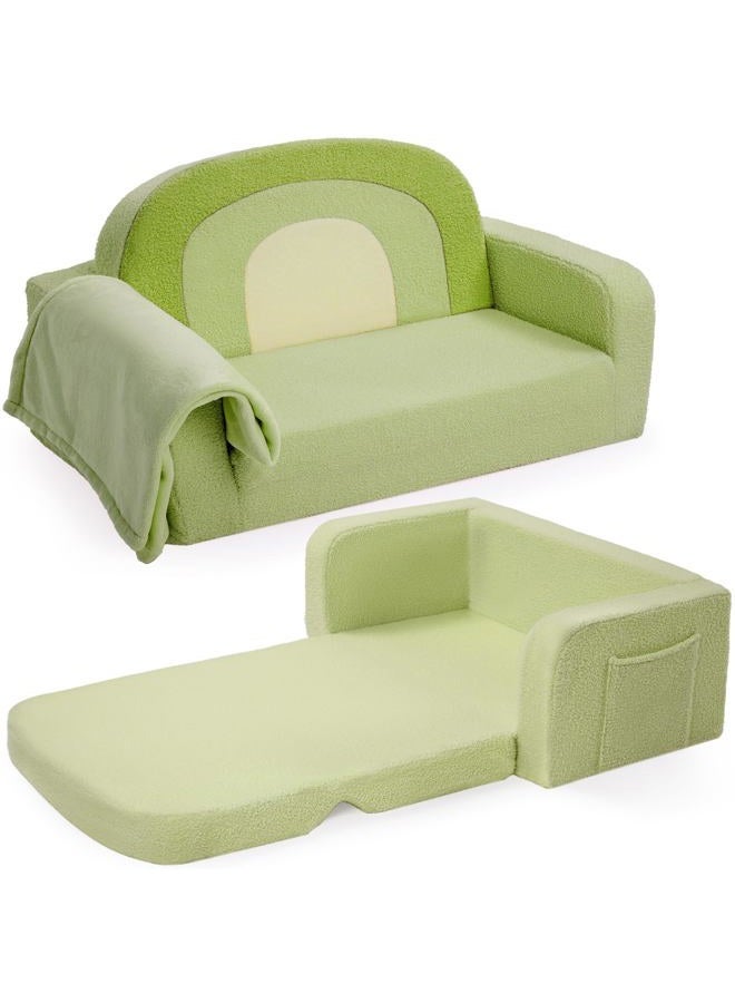 Foryoomi Extra Wide Kids Couch, 2-in-1 Soft Toddler Couch with Blanket, Comfy Toddler Chair, Convertible Sofa with Cute Rainbow Design, Green - Image 1