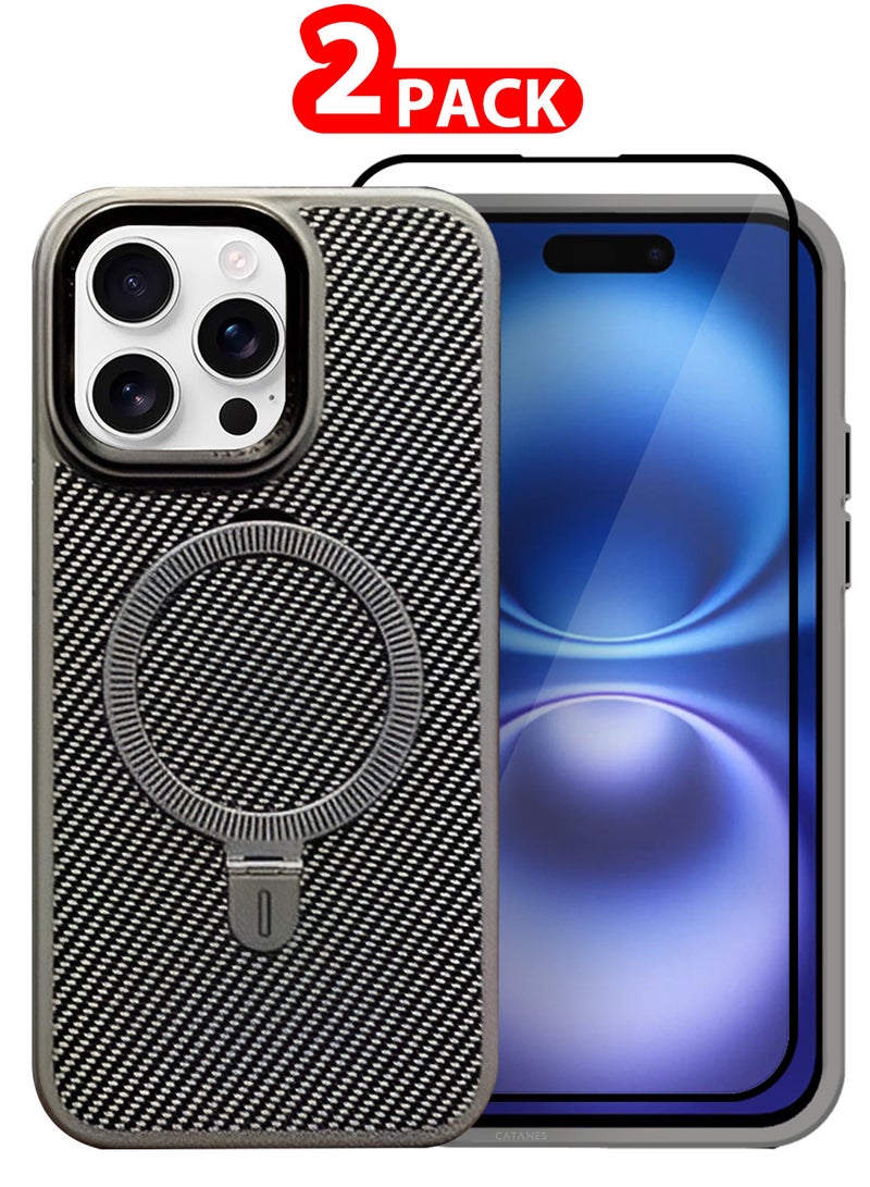 CATANES ( for iPhone 16 Pro Max ) 2 Pack, Case and Screen Protector, Carbon Fiber Texture, Metal Bracket, Magsafe Kickstand Case Cover - Grey - Image 1