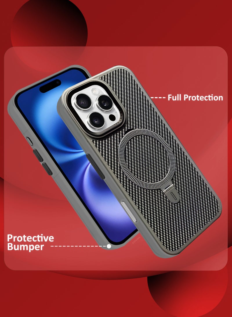 CATANES ( for iPhone 16 Pro Max ) 2 Pack, Case and Screen Protector, Carbon Fiber Texture, Metal Bracket, Magsafe Kickstand Case Cover - Grey - Image 3