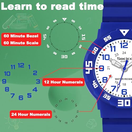 SOCICO Children Analog Watch Waterproof Time Teaching Boys Girls Watch Soft Band Learning Time Wristwatch for Kids (Blue) - Image 2