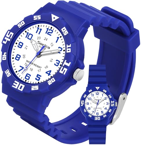 SOCICO Children Analog Watch Waterproof Time Teaching Boys Girls Watch Soft Band Learning Time Wristwatch for Kids (Blue) - Image 1