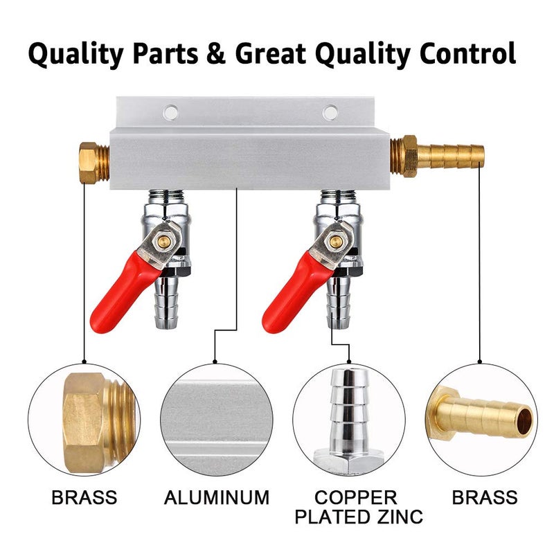 MRbrew Gas Manifold, CO2 Gas Distributor, 5/16'' Barb Fitting Beer Kegerator Splitter, 2-Way Air Distributor with Integrated Check Valves & Hose Clamps - Image 3