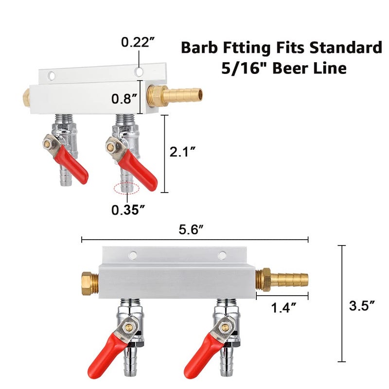 MRbrew Gas Manifold, CO2 Gas Distributor, 5/16'' Barb Fitting Beer Kegerator Splitter, 2-Way Air Distributor with Integrated Check Valves & Hose Clamps - Image 4