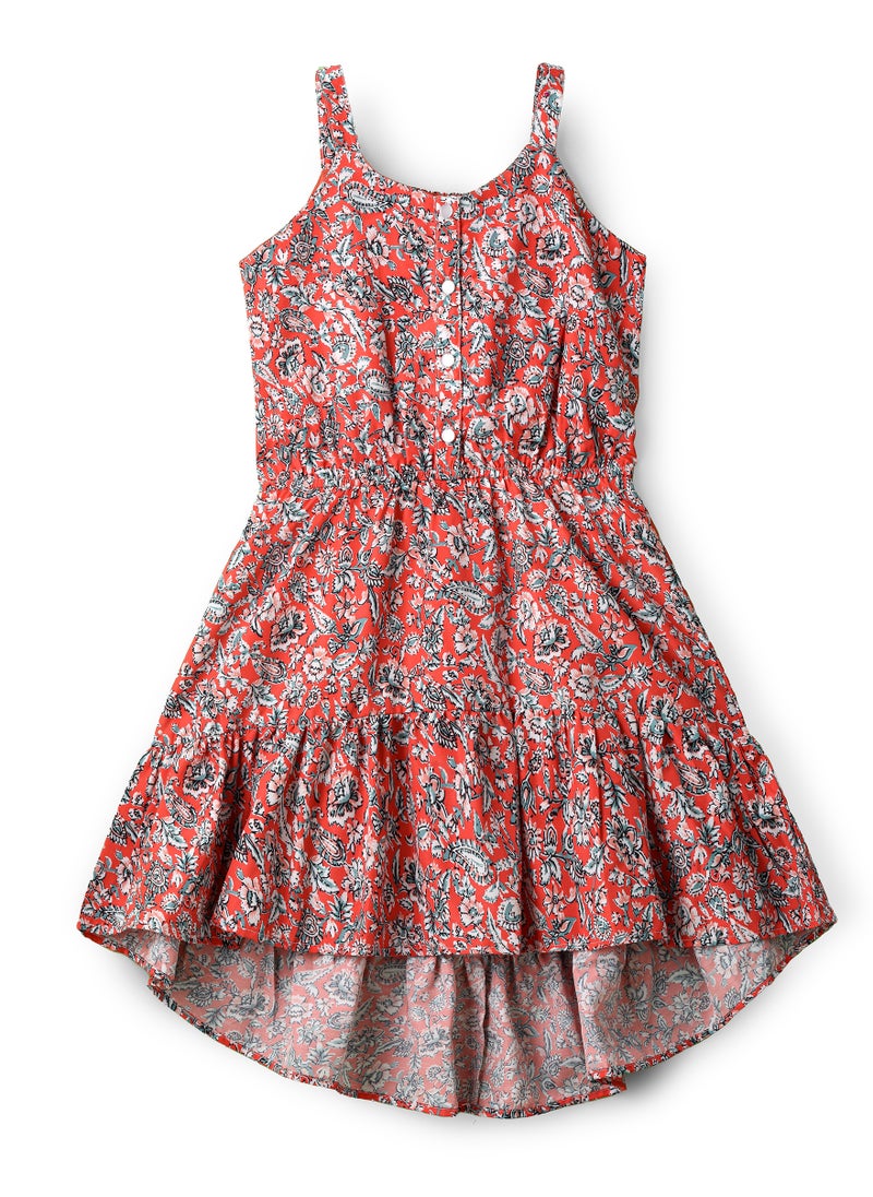 Jelliene Girls Red Floral High-Low Hem Button Dress  - Image 1