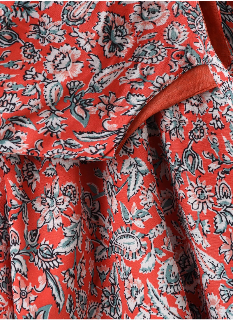 Jelliene Girls Red Floral High-Low Hem Button Dress  - Image 3