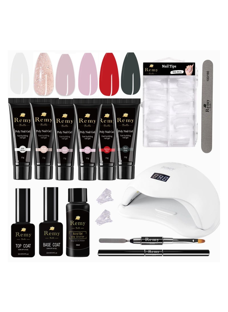 Remy Belle - Poly Nail Gel Acrylic Kit 6 Colors with Sun X5 Plus Slip Solution for Manicure Beginner Starter DIY at Home - Image 1