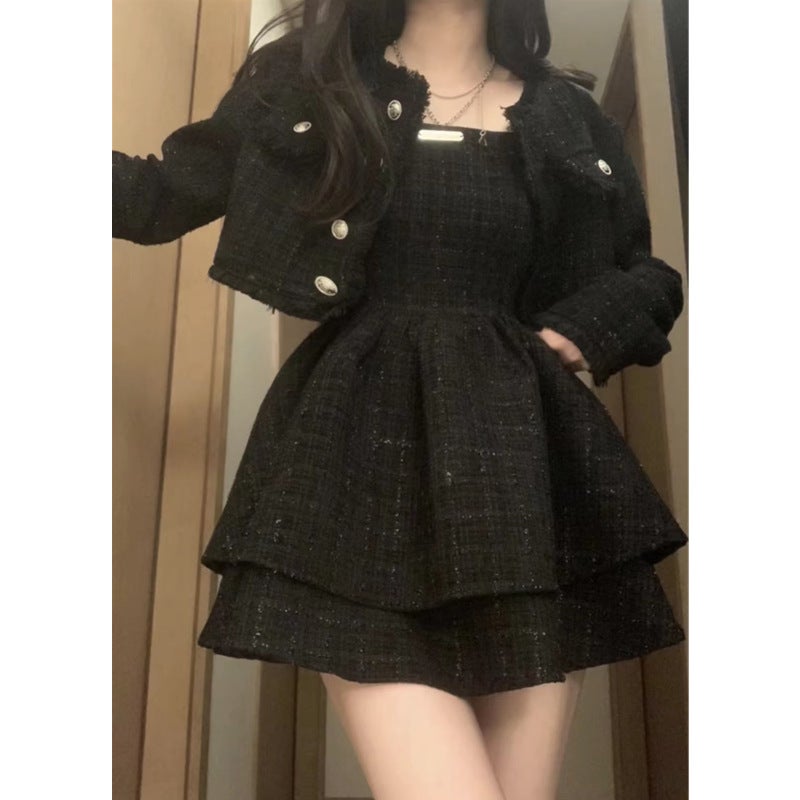 Chic French Tassel Jacket and Waist Skirt Set Black jacket + suspender skirt