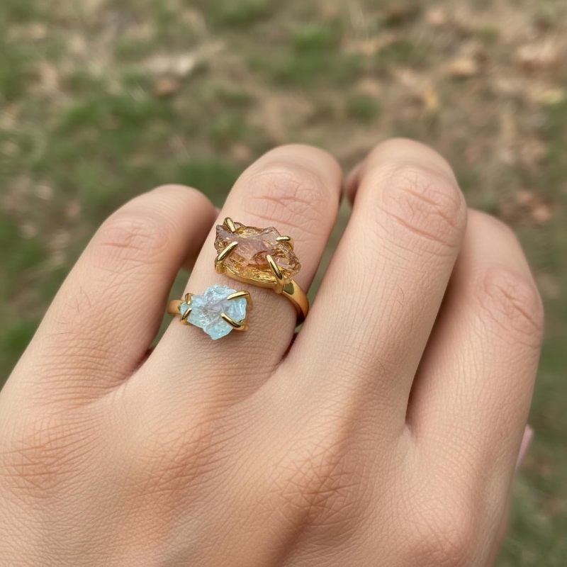 Double Stone Adjustable Ring: Gold-Plated Brass, Natural Irregular Aquamarine Citrine Gems, Handcrafted Organic Aesthetic - Versatile Fit, Luminous Two-Stone Design for Women’s Daily Wear Special Gath - Image 2