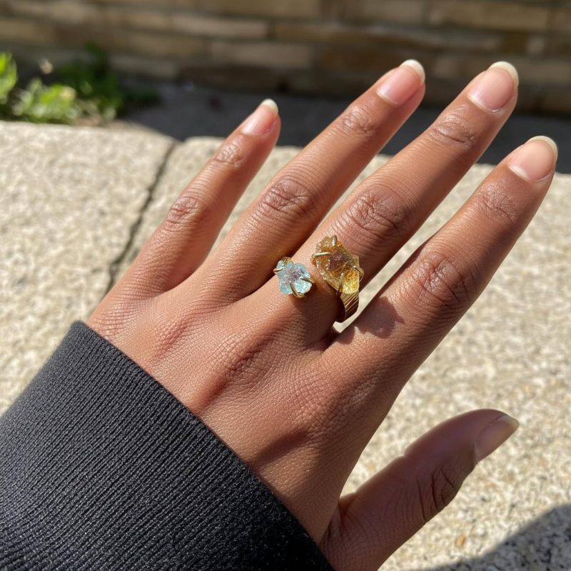 Double Stone Adjustable Ring: Gold-Plated Brass, Natural Irregular Aquamarine Citrine Gems, Handcrafted Organic Aesthetic - Versatile Fit, Luminous Two-Stone Design for Women’s Daily Wear Special Gath - Image 4