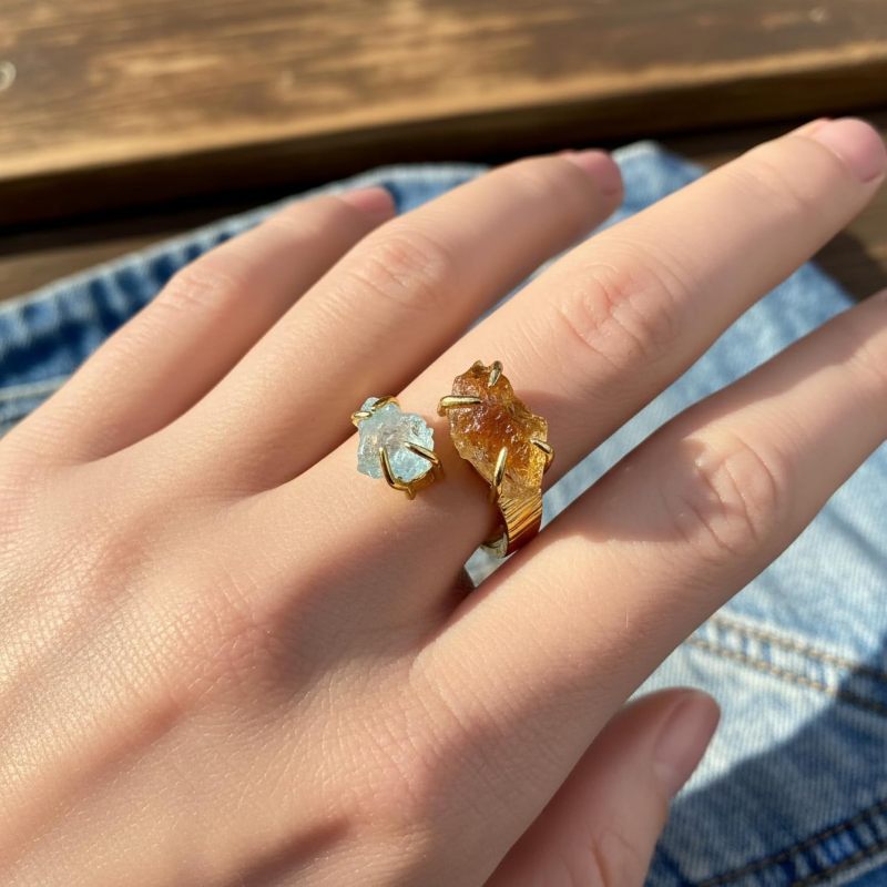 Double Stone Adjustable Ring: Gold-Plated Brass, Natural Irregular Aquamarine Citrine Gems, Handcrafted Organic Aesthetic - Versatile Fit, Luminous Two-Stone Design for Women’s Daily Wear Special Gath - Image 5