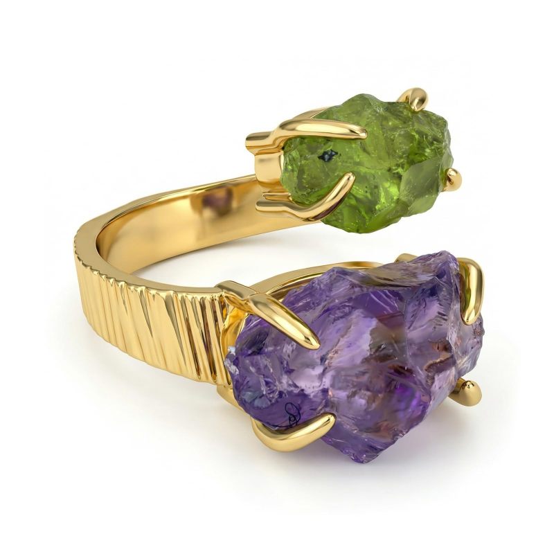 Double Stone Adjustable Ring: Gold-Plated Brass, Natural Irregular Aquamarine Citrine Gems, Handcrafted Organic Aesthetic - Versatile Fit, Luminous Two-Stone Design for Women’s Daily Wear Special Gath - Image 1