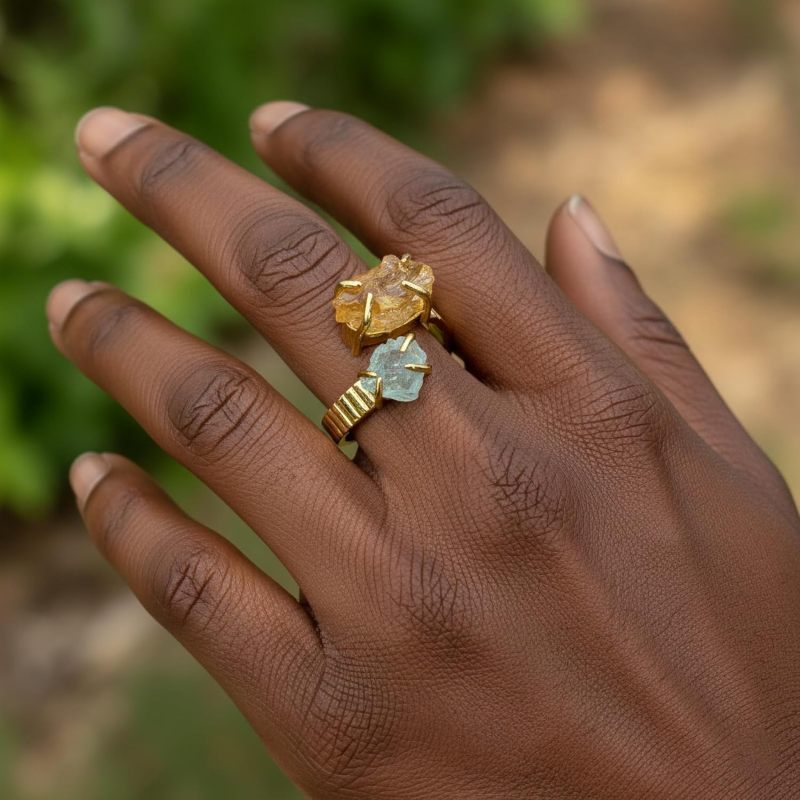 Double Stone Adjustable Ring: Gold-Plated Brass, Natural Irregular Aquamarine Citrine Gems, Handcrafted Organic Aesthetic - Versatile Fit, Luminous Two-Stone Design for Women’s Daily Wear Special Gath - Image 3