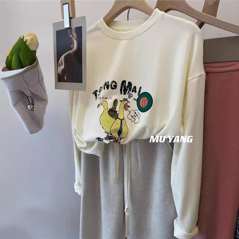 Outlet Cut Label American Cartoon Duck Print T-Shirt Long Sleeve Round Neck Sanding Base Shirt Top Tee - Image 4
