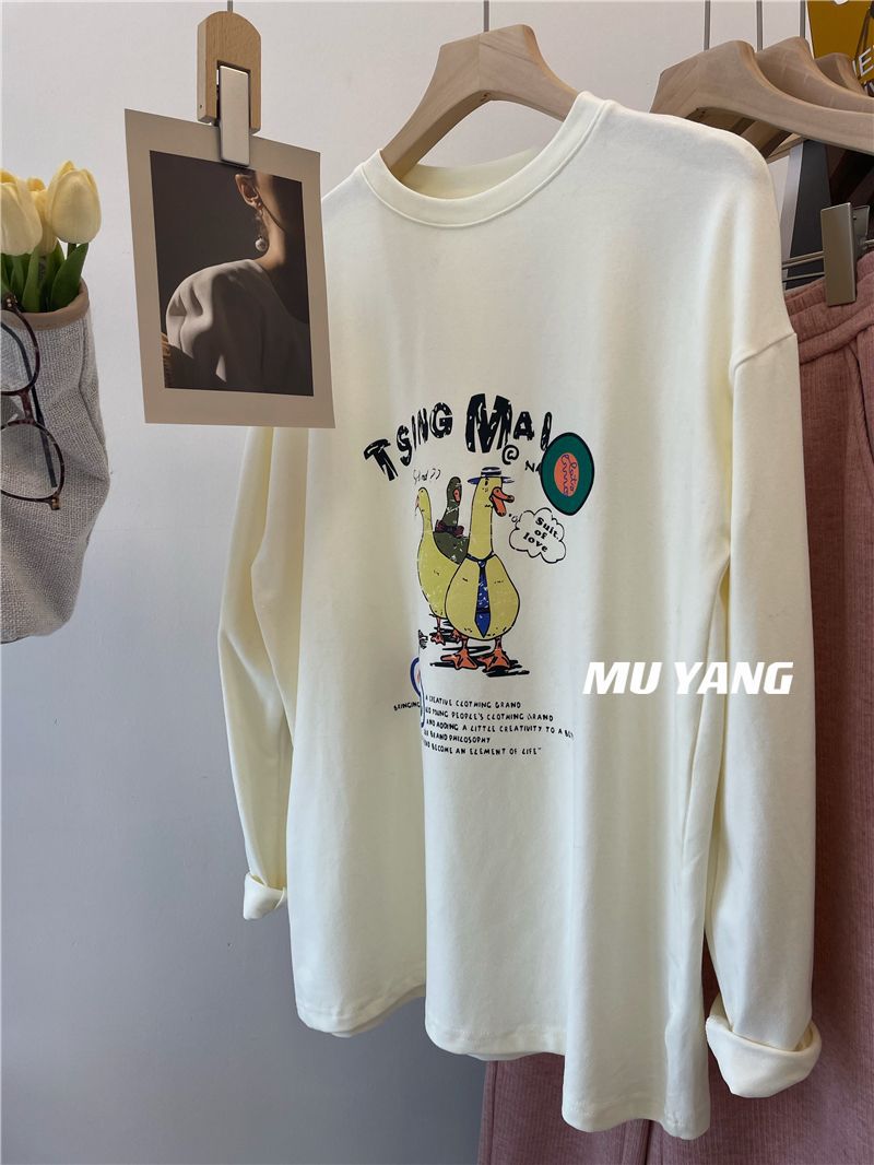 Outlet Cut Label American Cartoon Duck Print T-Shirt Long Sleeve Round Neck Sanding Base Shirt Top Tee - Image 1