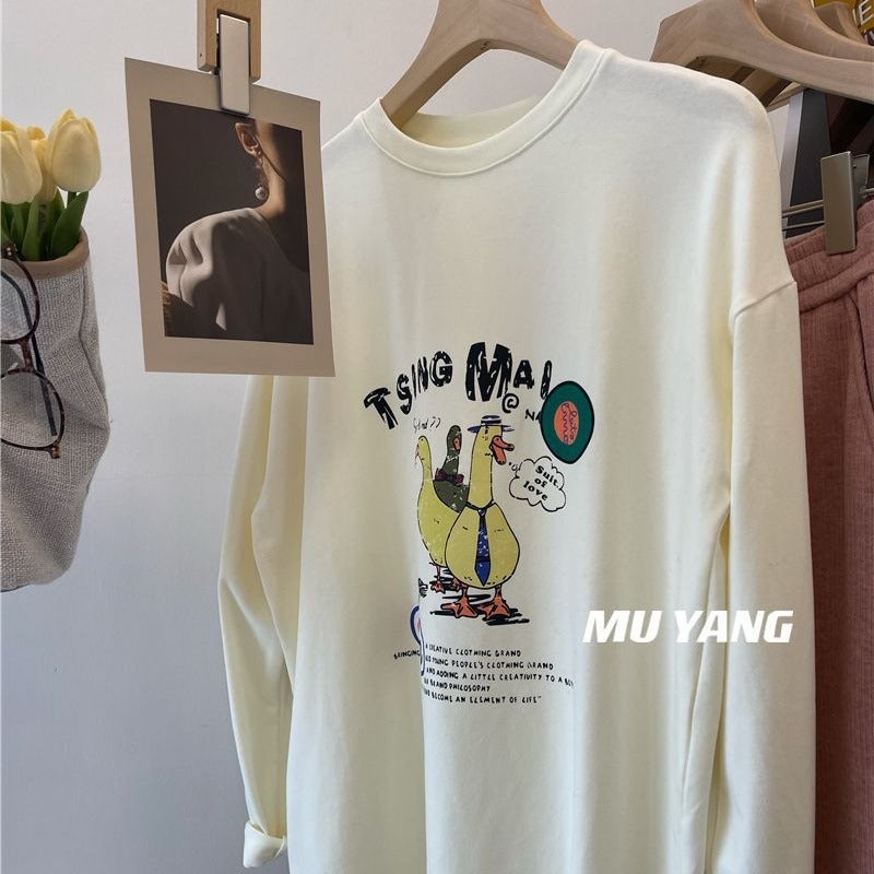 Outlet Cut Label American Cartoon Duck Print T-Shirt Long Sleeve Round Neck Sanding Base Shirt Top Tee - Image 2