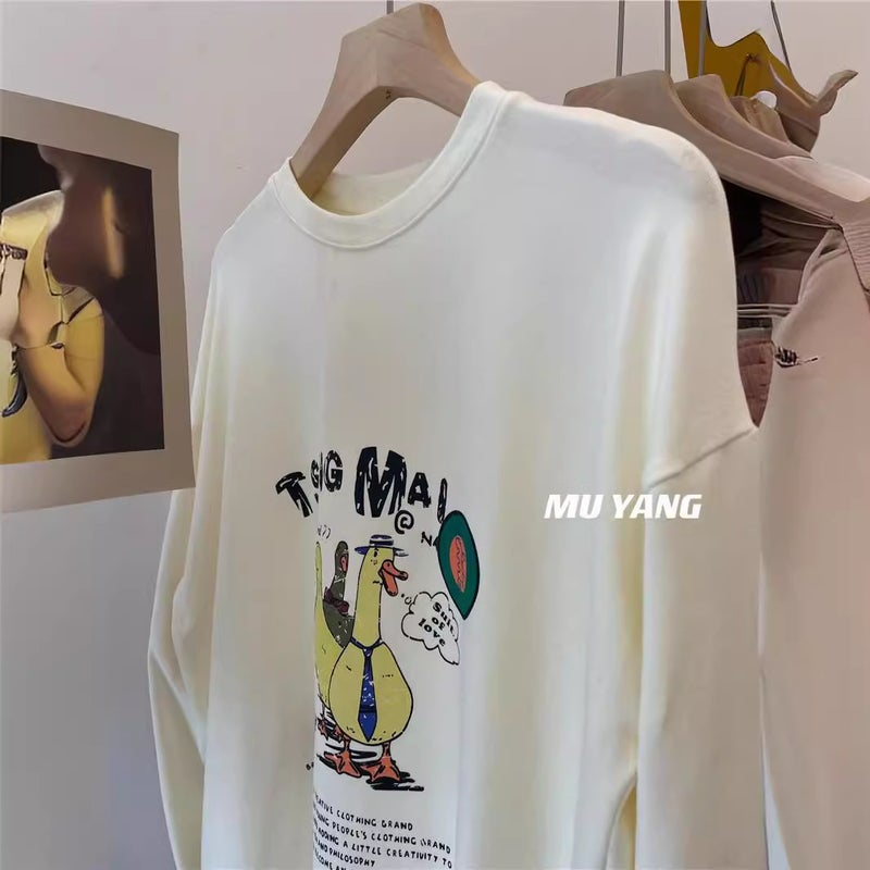 Outlet Cut Label American Cartoon Duck Print T-Shirt Long Sleeve Round Neck Sanding Base Shirt Top Tee - Image 5