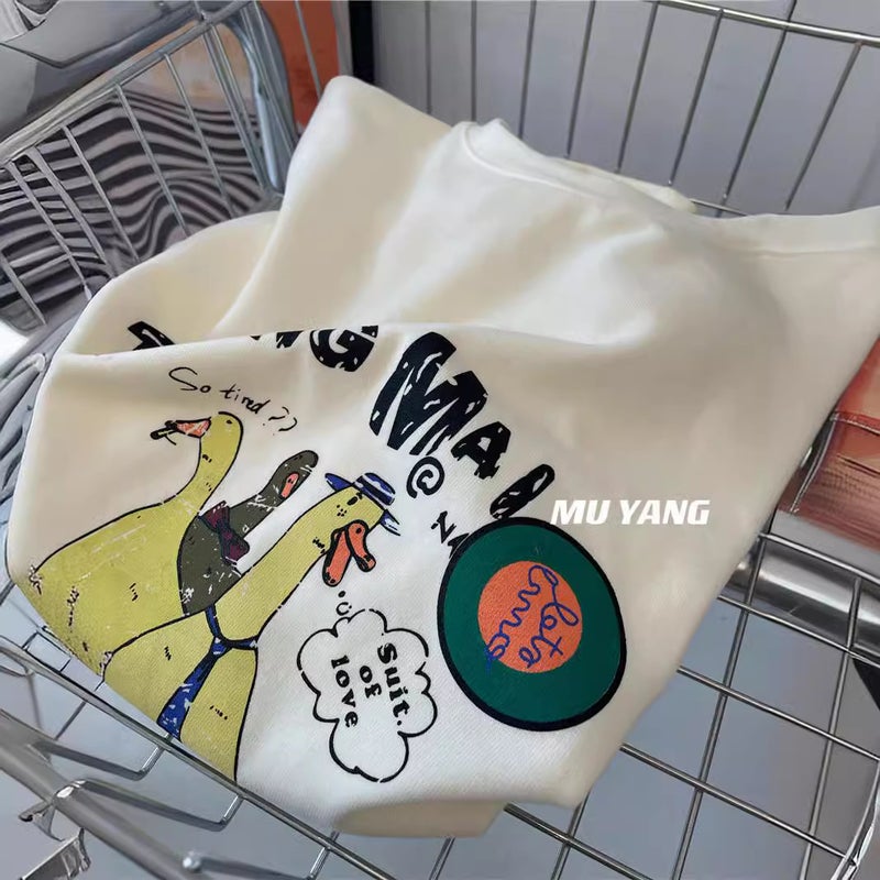 Outlet Cut Label American Cartoon Duck Print T-Shirt Long Sleeve Round Neck Sanding Base Shirt Top Tee - Image 3
