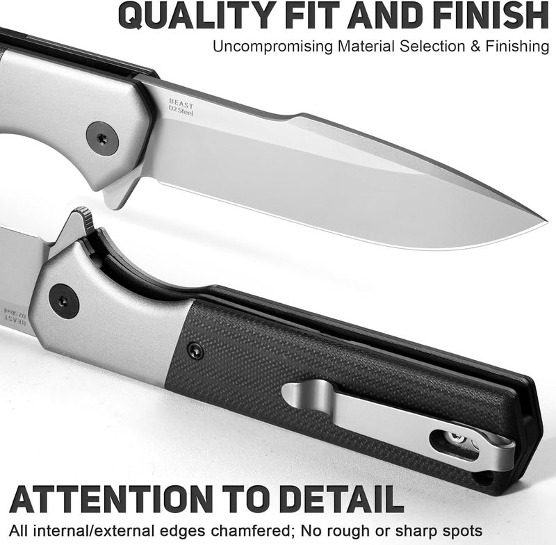 NedFoss BEAST Pocket Knife for Men, 3.42" D2 Steel Tactical Folding Knife, Lightweight EDC Knife with Aluminum Bolster, G10 Handle, Reversible Clip, Gentleman's Knives for Christmas/Birthday/Dad Gifts - Image 4