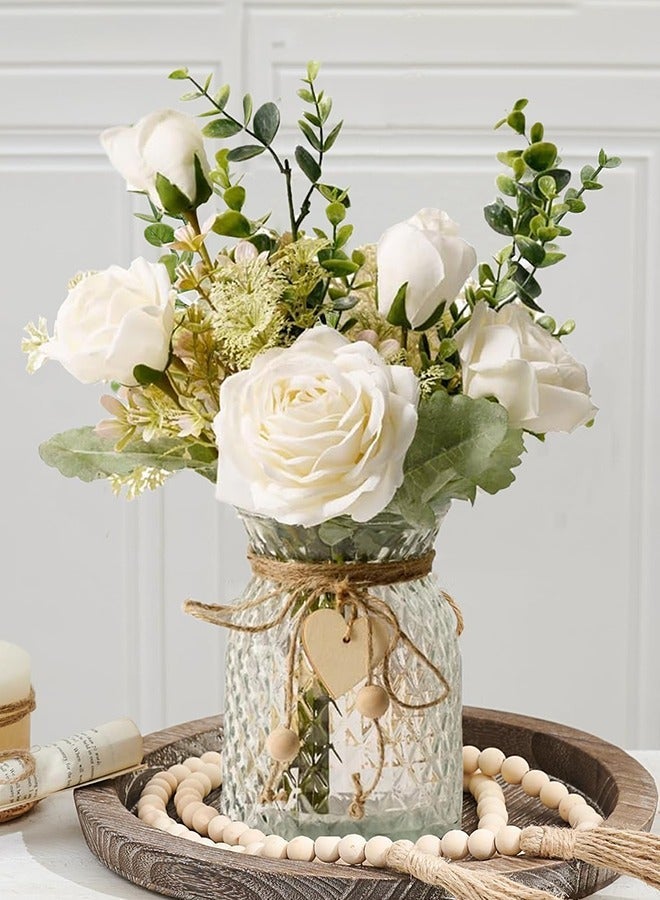 FAKE FLOWERS WITH VASE, SILK ROSES ARTIFICIAL FLOWERS IN VASE, FAUX FLOWER ARRANGEMENT WITH VASE SUITABLE FOR HOME OFFICE DECORATION, DINING TABLE CENTERPIECE
