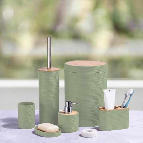 CERBIOR Bathroom Accessories Set 6 Piece Bamboo Bath Ensemble Includes Soap Dispenser, Toothbrush Holder, Toothbrush Cup, Soap Dish for Decorative Countertop and Housewarming Gift, Sriral Green - Image 2