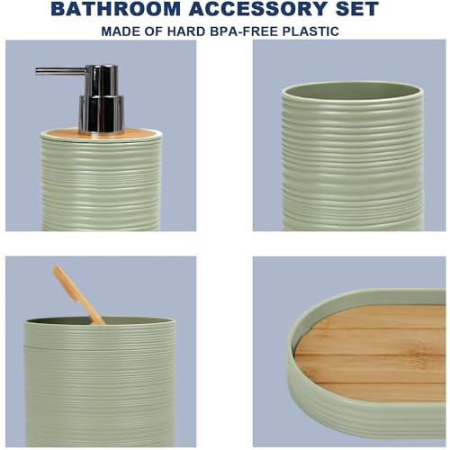 CERBIOR Bathroom Accessories Set 6 Piece Bamboo Bath Ensemble Includes Soap Dispenser, Toothbrush Holder, Toothbrush Cup, Soap Dish for Decorative Countertop and Housewarming Gift, Sriral Green - Image 5