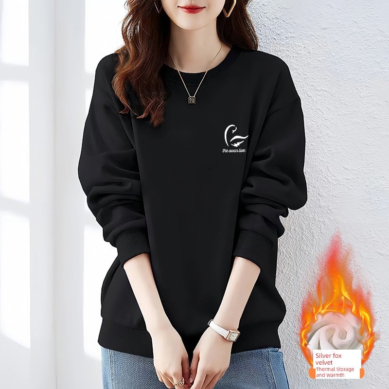 Plus-size shoulder long-sleeved hoodie for women's autumn new style cotton loose belly-covering round-neck top, fat MMT shirt, trendy coat - Image 1