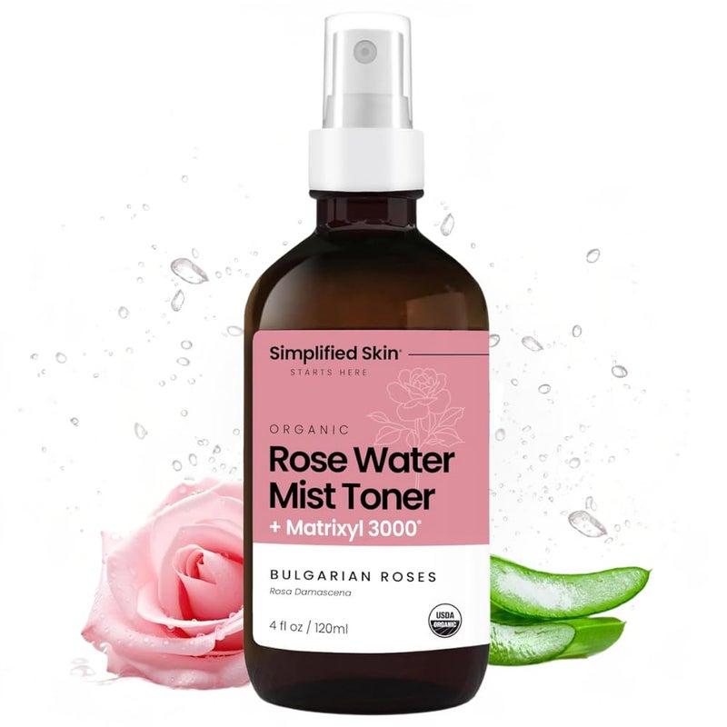 simplified skin Rose Water Spray for Face with Matrixyl 3000 - Organic Rosewater Face Mist with Aloe Vera & Hyaluronic Acid - Hydrating, Reduces Fine Lines, Boosts Collagen Production, & Soothes Skin - 4 Fl Oz - Image 1