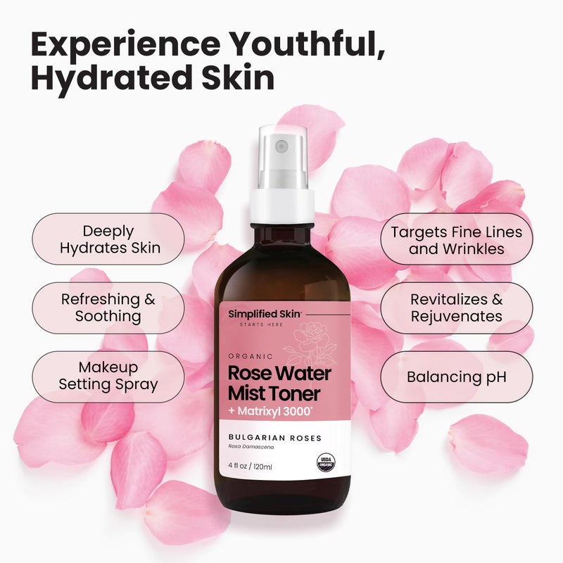 simplified skin Rose Water Spray for Face with Matrixyl 3000 - Organic Rosewater Face Mist with Aloe Vera & Hyaluronic Acid - Hydrating, Reduces Fine Lines, Boosts Collagen Production, & Soothes Skin - 4 Fl Oz - Image 3