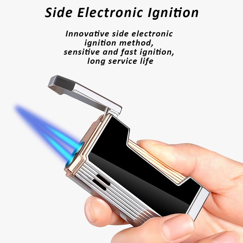 Malisseladi Torch Lighter Double Jet Flame Butane Refillable Gas Windproof Lighters with Gas Window Cool Pipe Lighters Unique Gifts for Family Friend Men (Rose Gold) - Image 4